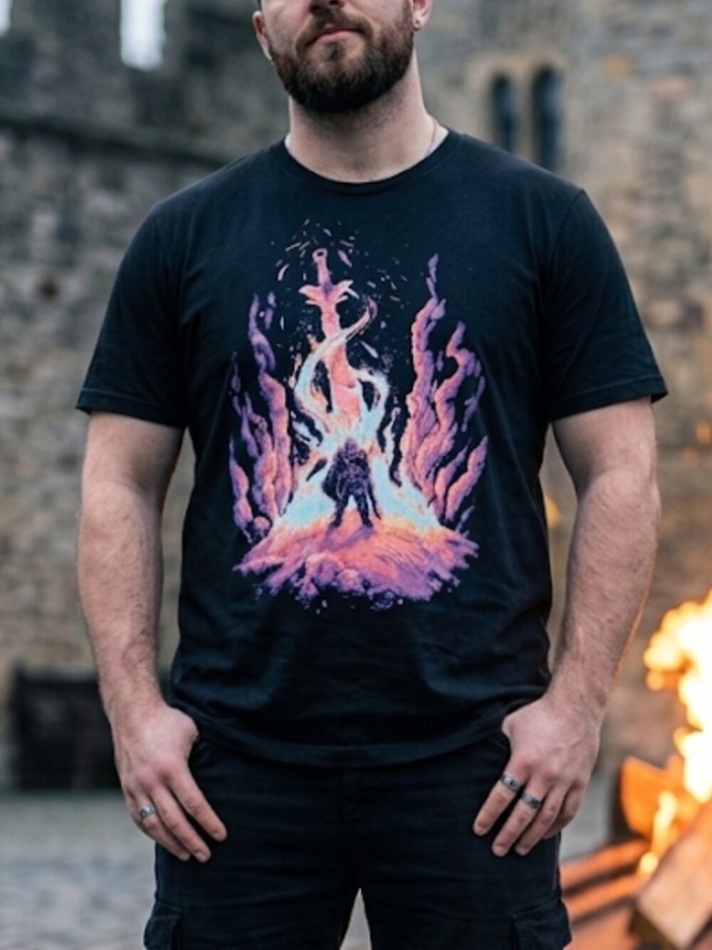 Dark Souls Bonfire Graphic Tee Black Short Sleeve Cotton Casual Mens Size 2X